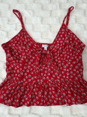 Patrons Of Peace Red Floral Tank Top Womens Large Cropped Boho Smocked